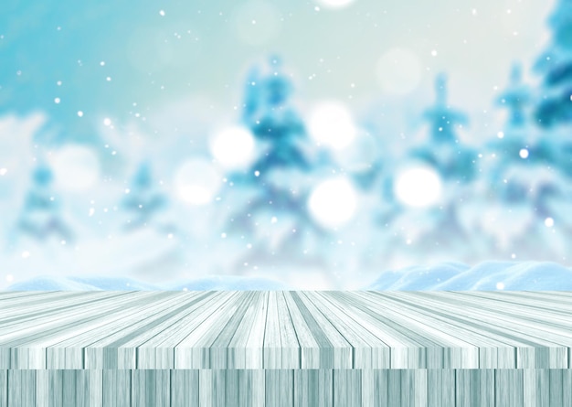 Free photo 3d christmas background with wooden table against a defocussed winter landscape