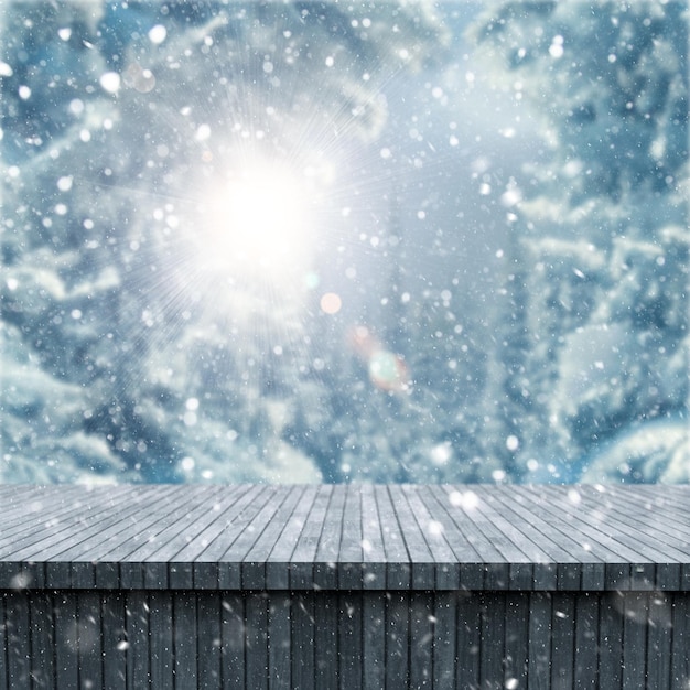 Free photo 3d christmas background with wooden table against a wintry landscape