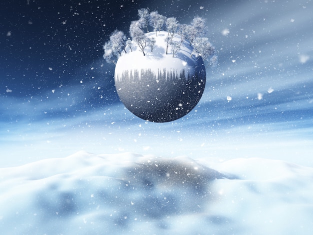 3D Christmas snowy landscape with winter trees on globe