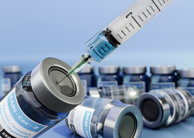 3d coronavirus vaccine vials and syringe