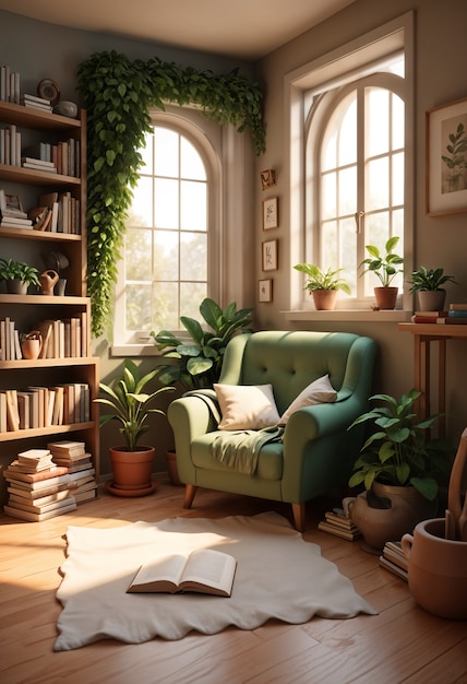 Free Photo 3d cozy reading room