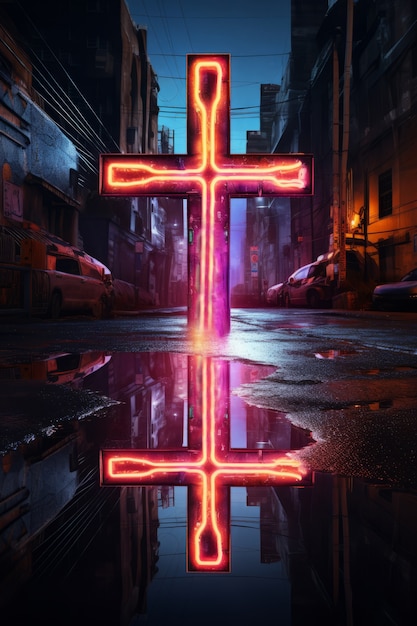 Free photo 3d cross with bright lights