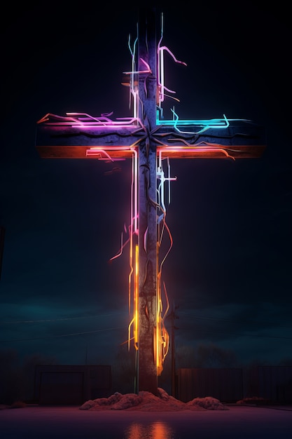 Free photo 3d cross with bright lights