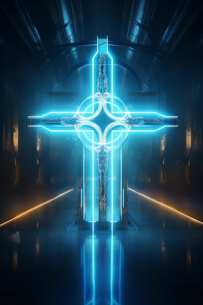 Free photo 3d cross with neon lights