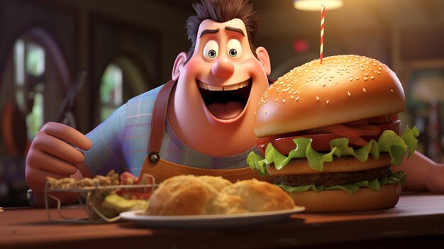 3d delicious burger with excited man