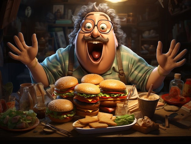 3d delicious burger with excited man