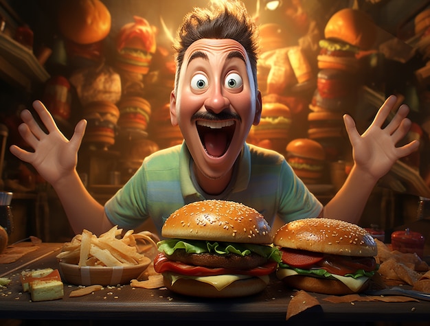 Free photo 3d delicious burger with excited man