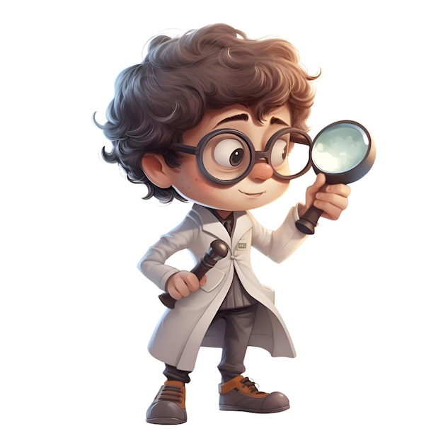 Free photo 3d digital render of a cute boy with magnifying glass isolated on white background