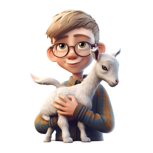 Free photo 3d digital render of a cute teenager with a goat isolated on white background