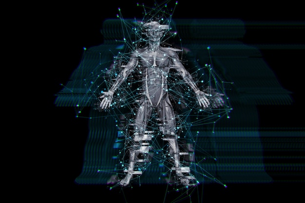 3D digital technology background with glitch effect on male medical figure