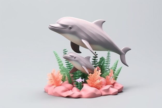 3d dolphin with plants