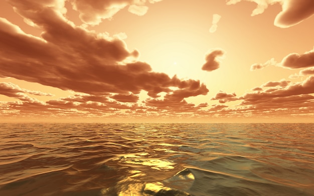 3D dramatic sunset over the ocean