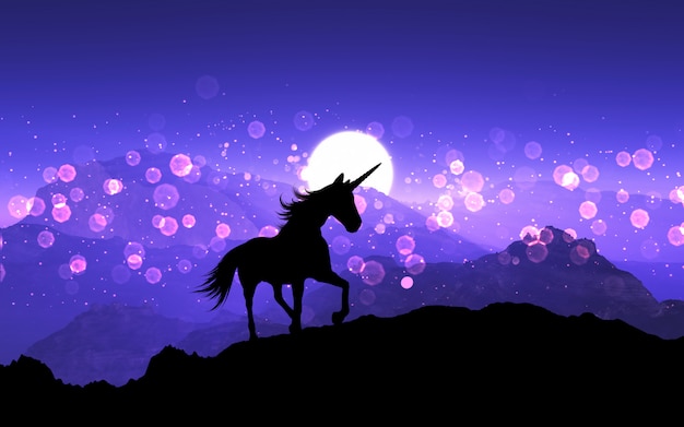 Free Photo 3d fantasy unicorn on a mountain landscape with purple sunset sky