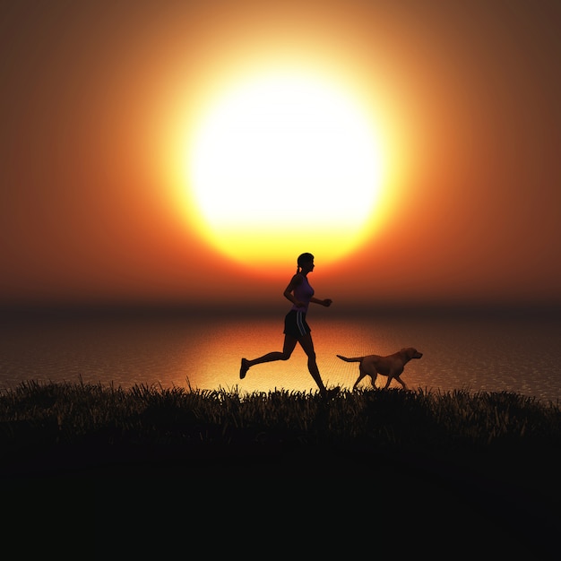 Free Photo 3d female jogging with her dog against a sunset sky