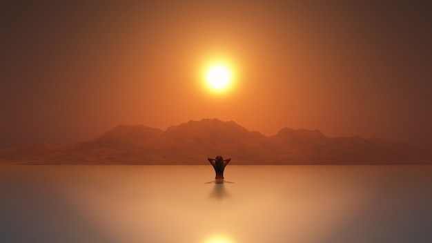 3D female in the sea at sunset