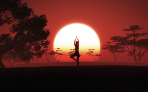 Free Photo 3d female in yoga pose in african landscape with sunset sky