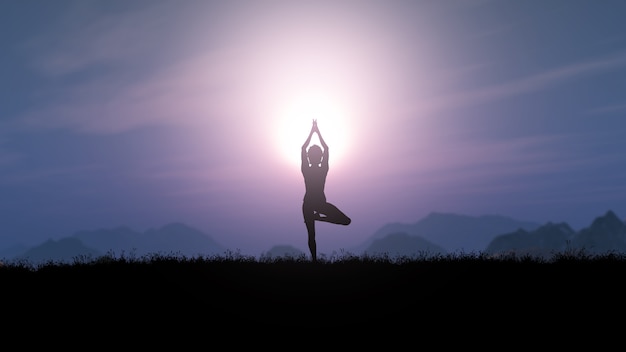 3D female in yoga pose against a sunset landscape