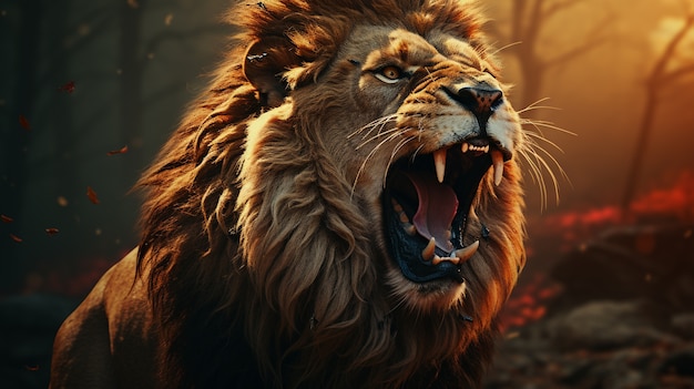 3d ferocious lion with nature background