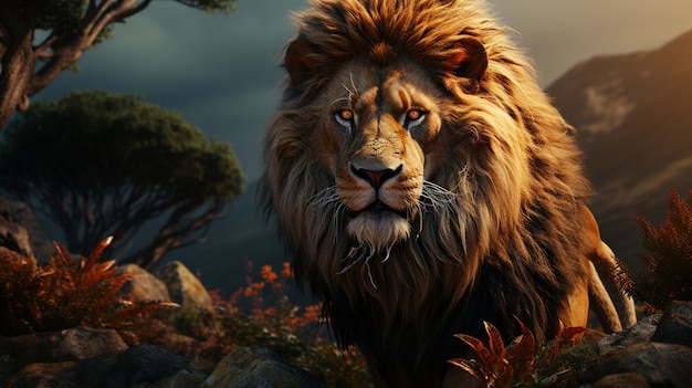 3d ferocious lion with nature background