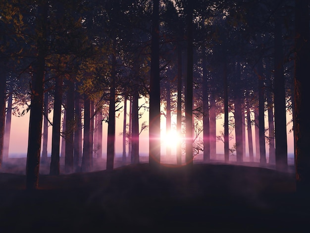 Free photo 3d forest landscape with a sunset sky