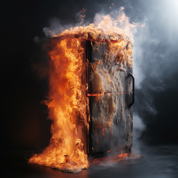 Free photo 3d fridge on fire with flames