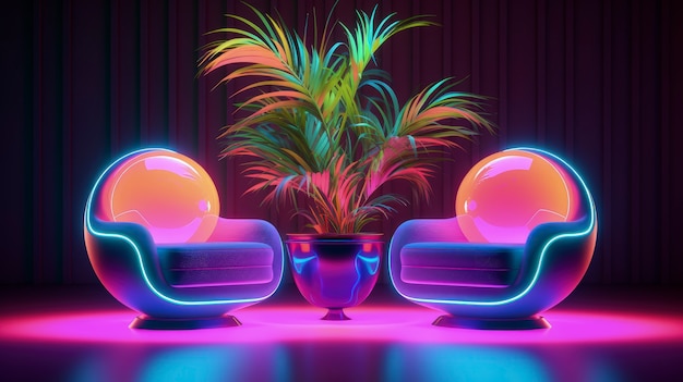 Free photo 3d furniture glowing with bright holographic colors