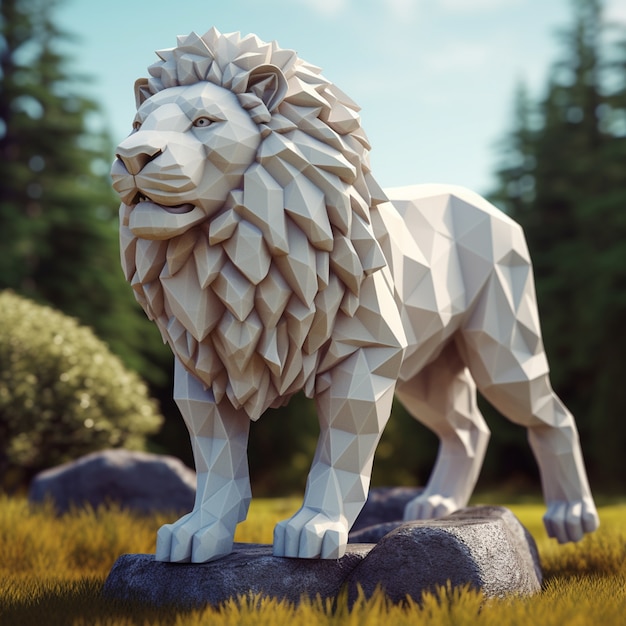 Free photo 3d geometric lion in nature with rocks and grass