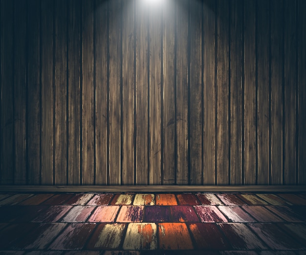 Free photo 3d grunge wooden interior with spotlight shining down