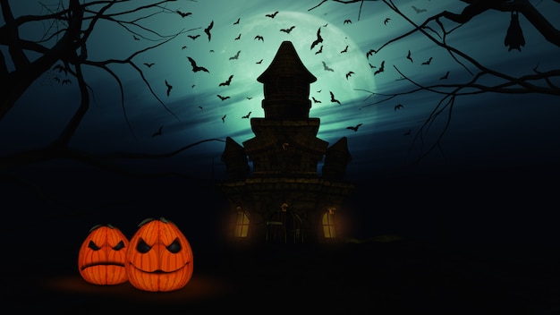 Free photo 3d halloween background with spooky castle and pumpkins