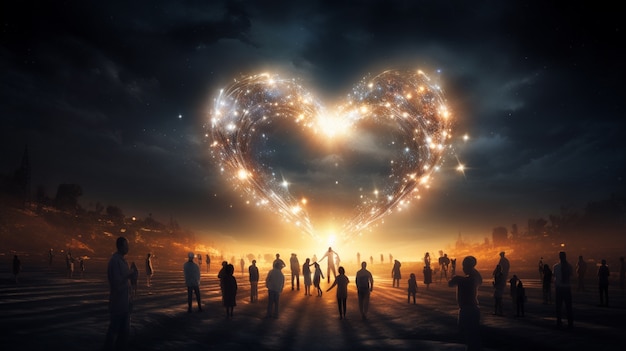 Free Photo 3d heart shape on night sky with people