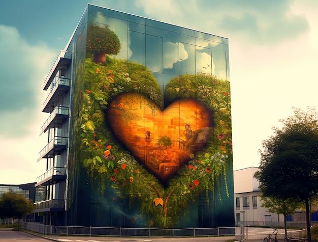 3d heart shape painted on city building