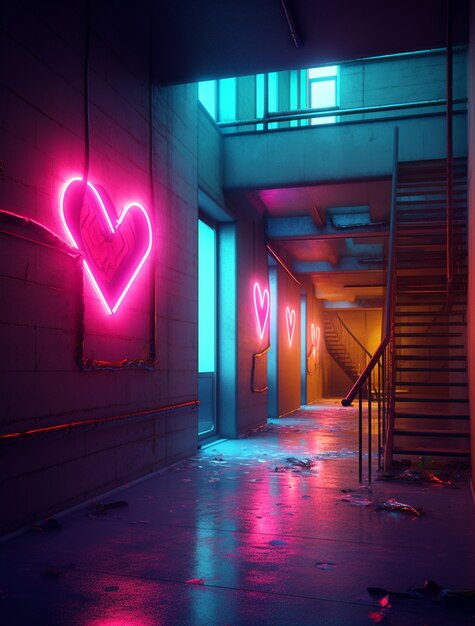 Free Photo 3d heart shape with bright neon light