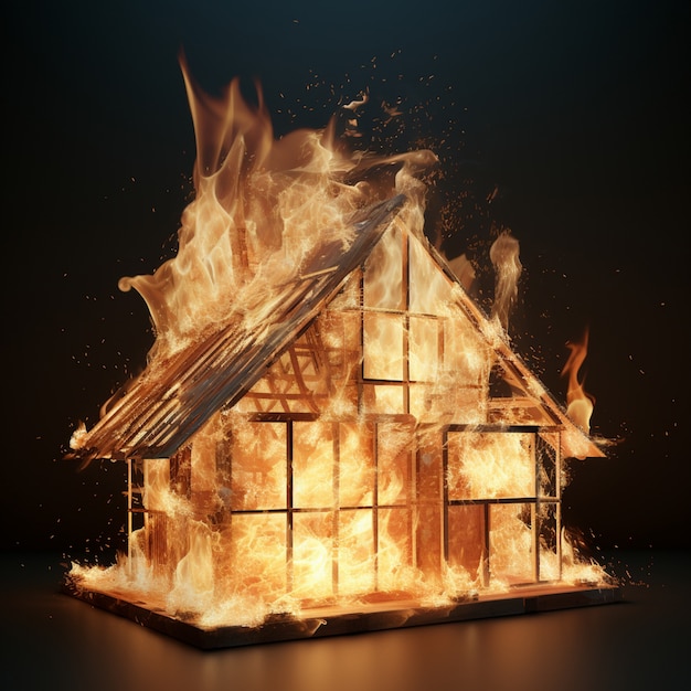 Free photo 3d house on fire with flames