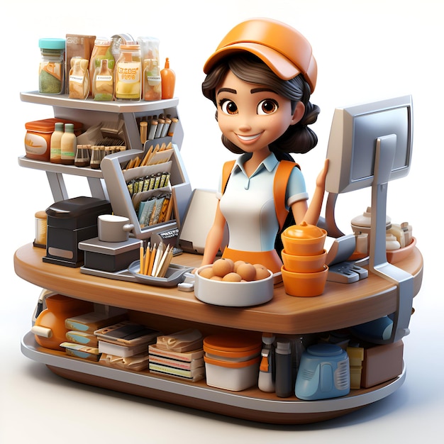 Free photo 3d illustration of asian female worker with food and grocery store