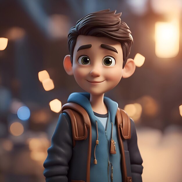 3d illustration of a cute little boy with backpack in the city