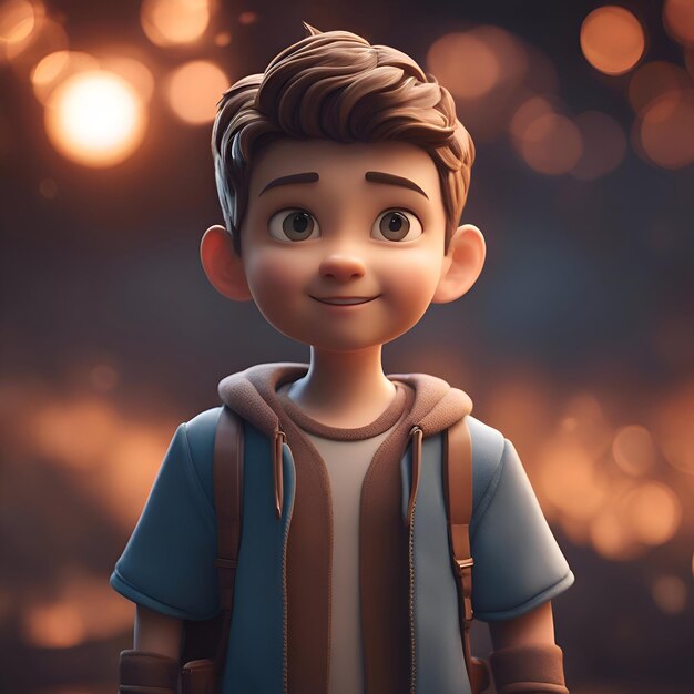 3D illustration of a cute little boy with a backpack on the street