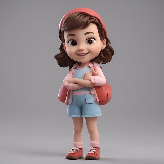 3D Illustration of a Cute Little Girl with a Backpack