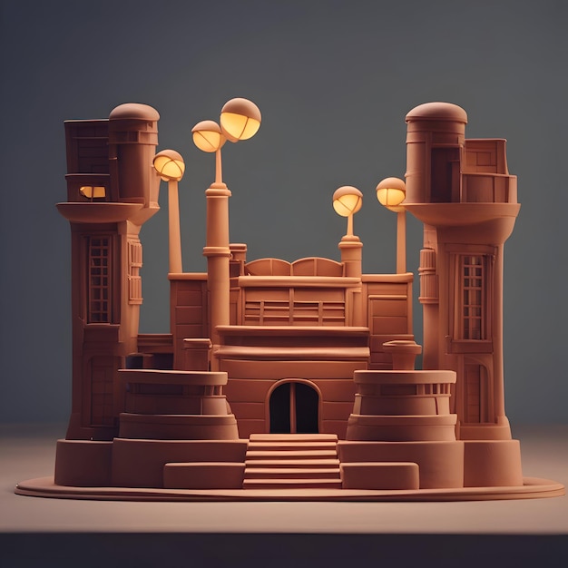 Free photo 3d illustration of a fantasy castle with lanterns on a dark background