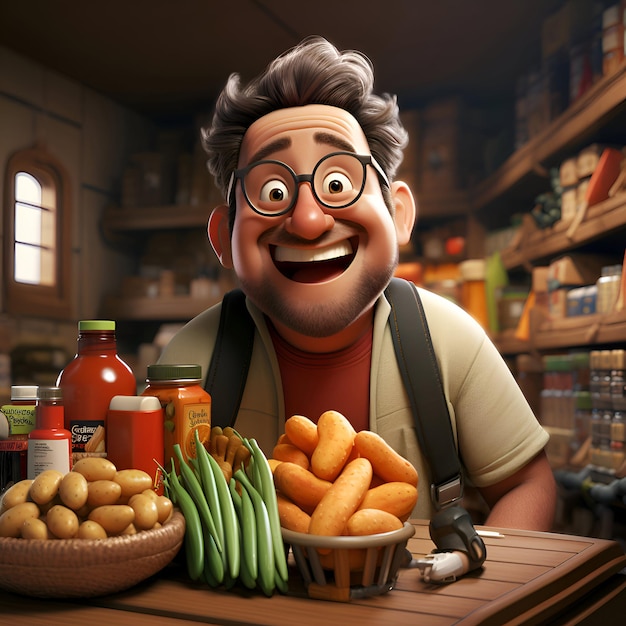 Free photo 3d illustration of a funny man in a grocery store with fruits and vegetables