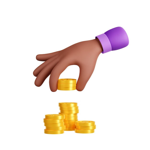 3D illustration human hand putting coins in stack