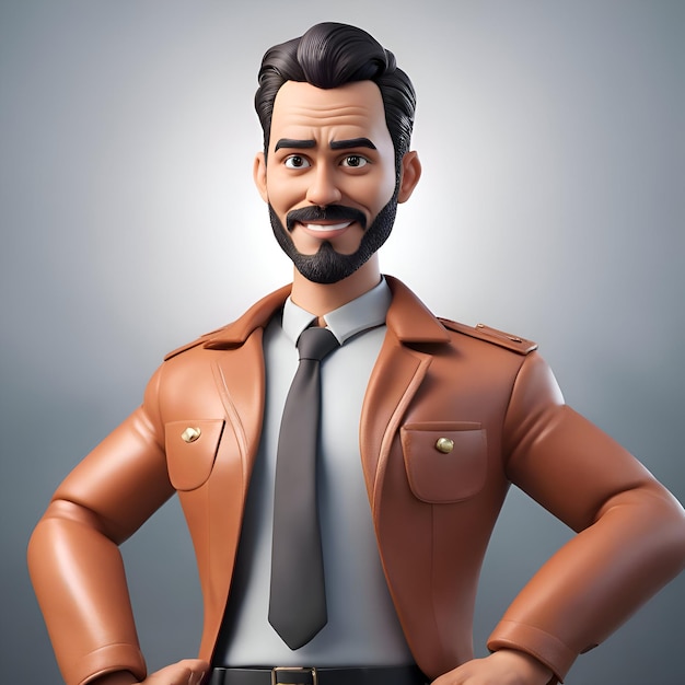 3d illustration of a man in a brown leather jacket with a mustache