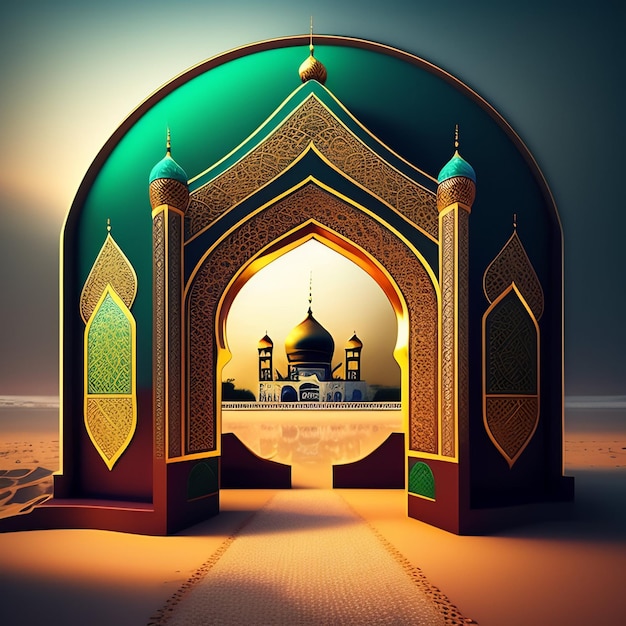 A 3d illustration of a mosque with a gate in the middle.