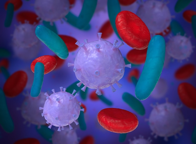 3D Illustration. Red blood cells with virus and bacterias. Scientific and medical concept.