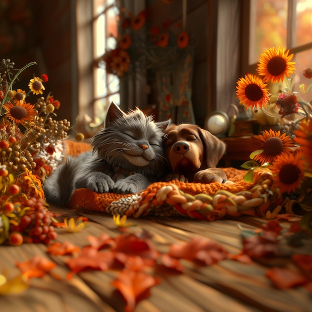 Free Photo 3d illustration showcasing friendship between cats and dogs