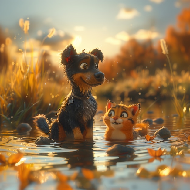 Free photo 3d illustration showcasing friendship between cats and dogs