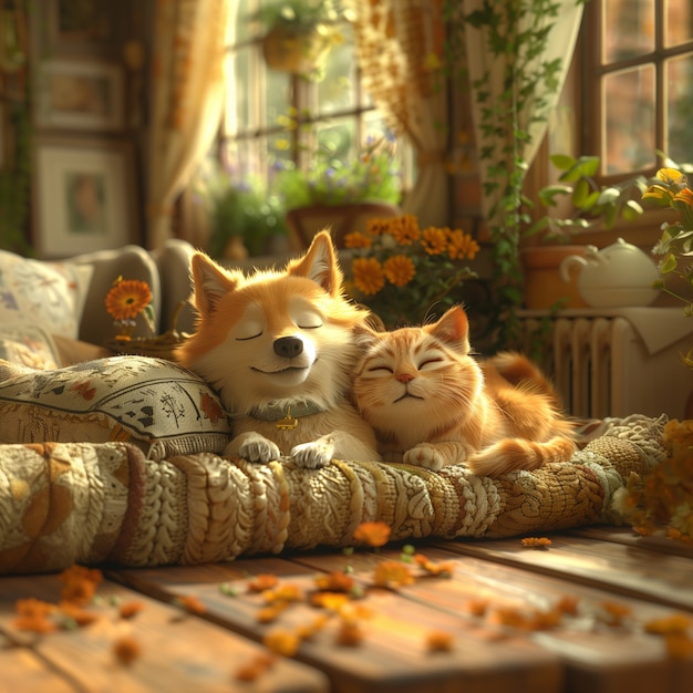 Free Photo 3d illustration showcasing friendship between cats and dogs