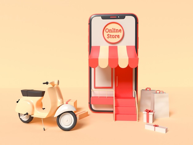 Free photo 3d illustration of smartphone with a delivery scooter, boxes and paper bags