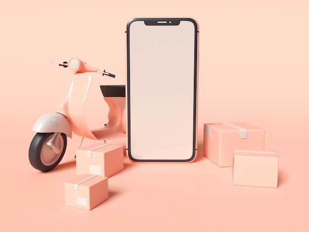 Free photo 3d illustration of smartphone with a delivery scooter and boxes