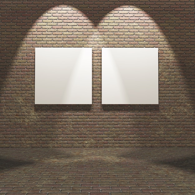 3D interior with blank canvases on a brick wall