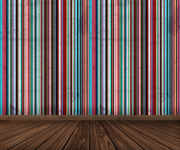 Free Photo 3d interior with grunge striped wallpaper and wooden floor